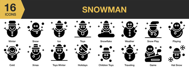 Snowman solid icon set. Includes Building, Christmas, Play, Snow, Snowman, Winter, and More. Solid icons vector collection.