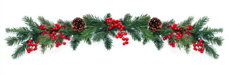 festive garland featuring pinecones, red berries, and evergreen branches, perfect for holiday decorations