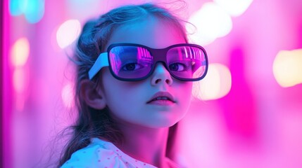 Young girl wearing stylish oversized glasses, standing in a colorful environment with bright neon lights, showcasing a vibrant urban fashion and playful spirit.