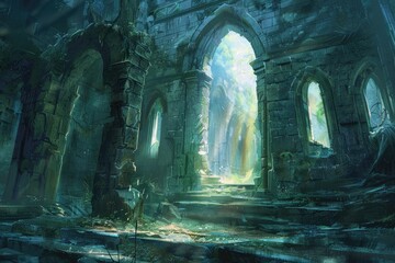 Naklejka premium Sunlit Ruins of a Stone Cathedral with Overgrown Vegetation