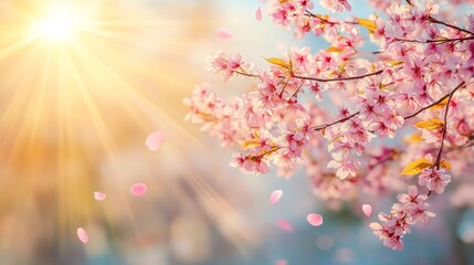Springtime Beauty Radiant Cherry Blossoms Bathed in Golden Sunlight, Nature Background
