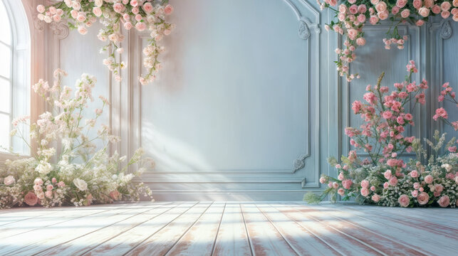 Wedding interior wall background decorated by roses