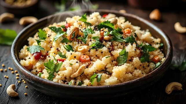 upma with curry leaves and nuts indian food