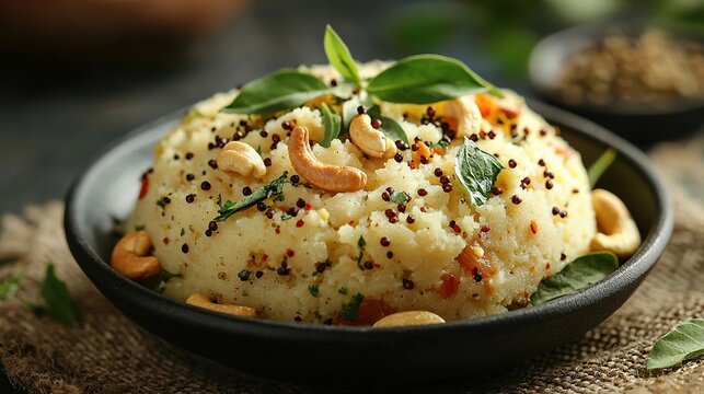 upma with curry leaves and nuts indian food