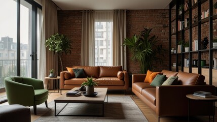 Fototapeta premium Here's a caption and keywords for your stock photo.. Modern living room with exposed brick, leather sofas, and plants.
