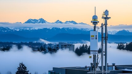 Air quality monitoring station in urban environment, measuring pollution levels to ensure public health and environmental safety.