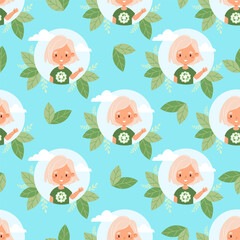 Seamless Eco friendly pattern. Happy girl blonde in fashionable clothes from recycled materials on blue background with leaves. Vector illustration. Recycle sustainable fashion and environmental care