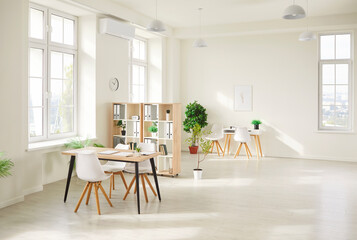 Modern interior of spacious contemporary empty office with open space concept with stylish furniture, plants and modern workplaces for comfort job. Interior design with no people concept.