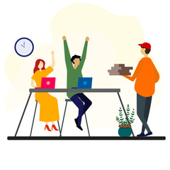 The boy and girl work at table with laptops greeting happily to rourier man bringing food into office. Coffe break concept. Employees activities. Flat vector illustration. 