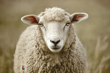 Close-up of a fluffy sheep with expressive eyes and curly wool, set against a blurred natural background creating a serene and gentle pastoral scene.