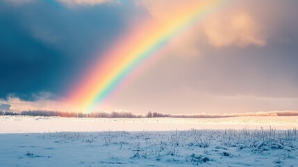 Vibrant rainbow arcs over snowy landscape under cloudy sky