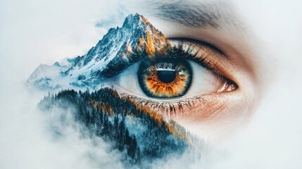 A mesmerizing double exposure of a human eye with a mountain landscape reflected in it, blending nature and humanity beautifully.