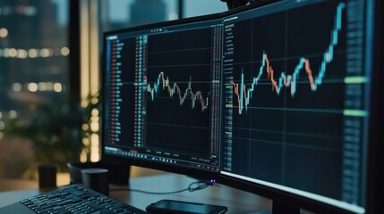 Stock exchange online trading platform chart candlesticks bars, tickers digital data on crypto currency trade financial market platform. Stockmarket graph statistic. Computer screen closeup backgroun