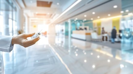 Healthcare professional holding vaccine vial in modern clinic, symbolizing public health efforts and vaccine coverage.
