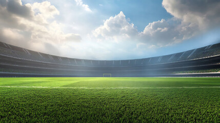 Fototapeta premium Vast Empty Cricket Stadium with Grassy Turf and Dramatic Sky Lighting