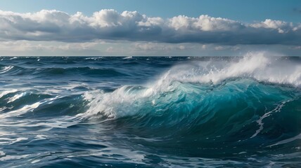 Fototapeta premium Powerful sea waves rolled and splashed over the surface of the water. Cloudy blue sky. high quality, 8K Ultra HD, highly detailed