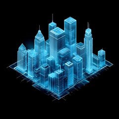Fototapeta premium Futuristic Blue Gradient 3D Isometric City Architecture with Glass Skyscrapers