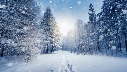 magical winter landscape path in the snowy forest with falling snow