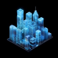 Fototapeta premium Futuristic 3D Isometric Glass Skyline with Blue Gradient and White Outlines
