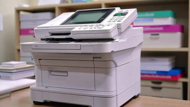 A white multifunction printer rests on a wooden desk