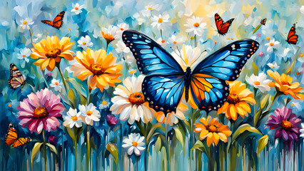 Watercolor painting of a blue butterfly on a background of daisies