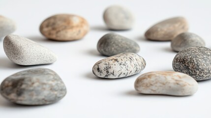 Several small and large rocks are placed on a clean white background, their textures and patterns subtly highlighted against the bright backdrop.