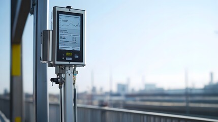 Air quality monitoring station in urban environment, measuring pollution levels to ensure public health and environmental safety.