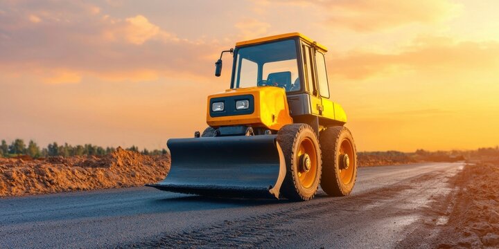 Construction equipment in action road development project heavy machinery sunset landscape dynamic perspective progress visualized