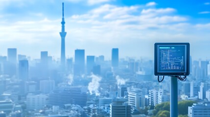 Air quality monitoring station in urban environment, measuring pollution levels to ensure public health and environmental safety.