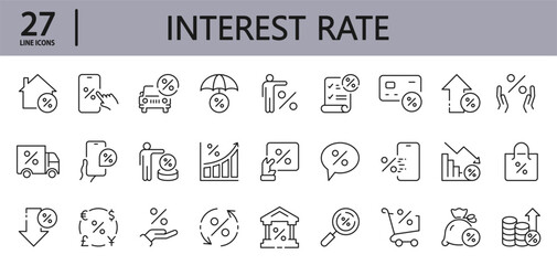 Loan Interest Rate line icons set with Rate, Tax, Credit, Bank, Payment, Bill, Price and more. Editable Stroke