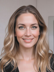 Naklejka premium Smiling Woman with Long Wavy Hair and Bright Eyes