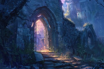 Naklejka premium A Glimmer of Light in a Ruined Stone Archway