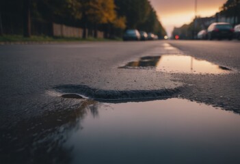 AI generated rainy day in the city. A puddle on the road.