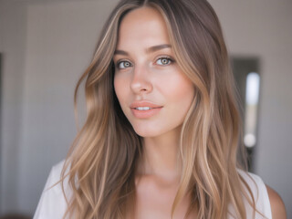 Naklejka premium Beautiful woman with long wavy hair and natural makeup