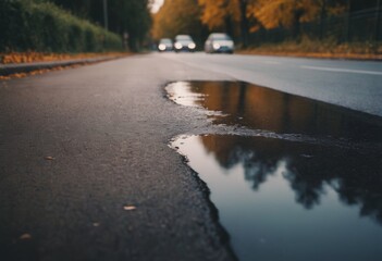 Reflection of cars in a puddle on the asphalt road. AI generated