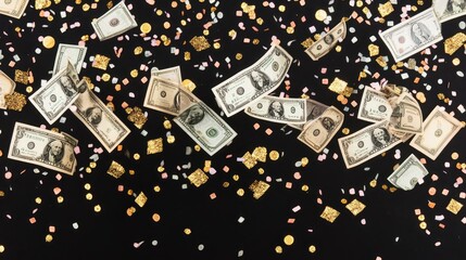 Festive Scene with Money and Confetti on Black Background, Ideal for Celebratory Themes and Financial Success Concepts with Vibrant Colors and Dynamic Layout