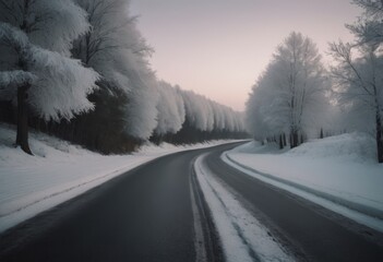 Fototapeta premium Beautiful winter landscape with road and trees covered with hoarfrost. AI generated