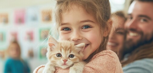 Family adopts a pet kitten adoption center heartwarming moment indoor setting close-up view creating lasting bonds