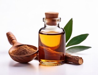 sandalwood oil in a glass bottle, fragrance oil in a bottle
