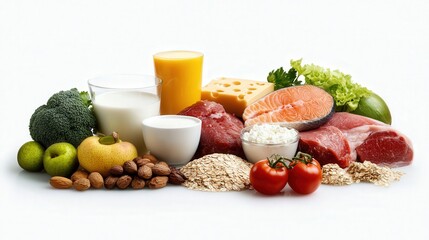 The five essential food groups--fruits, vegetables, grains, proteins, and dairy--are arranged on a transparent white background.