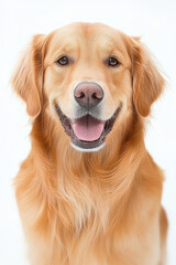 happy golden retriever with bright smile and soft fur. This friendly dog exudes warmth and joy, making it perfect companion