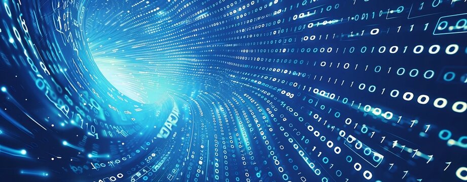 Swirling Digital Vortex of Binary Code in Blue Gradient Abstract Background