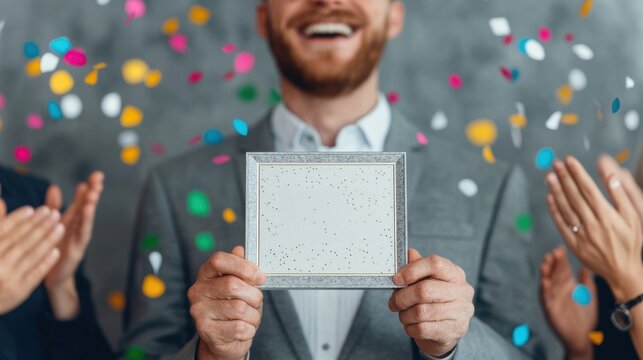 A joyful man holds a blank frame while celebrating with confetti and applause from a group, exuding happiness and excitement.