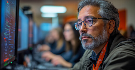 Man focuses on computer screen while coding in a shared workspace filled with colleagues collaborating on projects