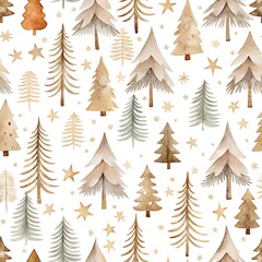 Obraz premium Serene Scandinavian Christmas Watercolor Pattern with Minimalist Trees and Stars in Neutral Tones Soft Textured Seamless Background Design for Holiday Decor and Festive Mood