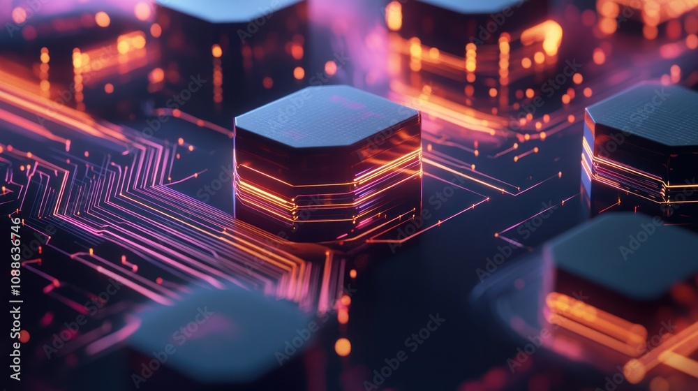 Poster blockchain system, featuring a series of hexagonal blocks interconnected by glowing lines. the block