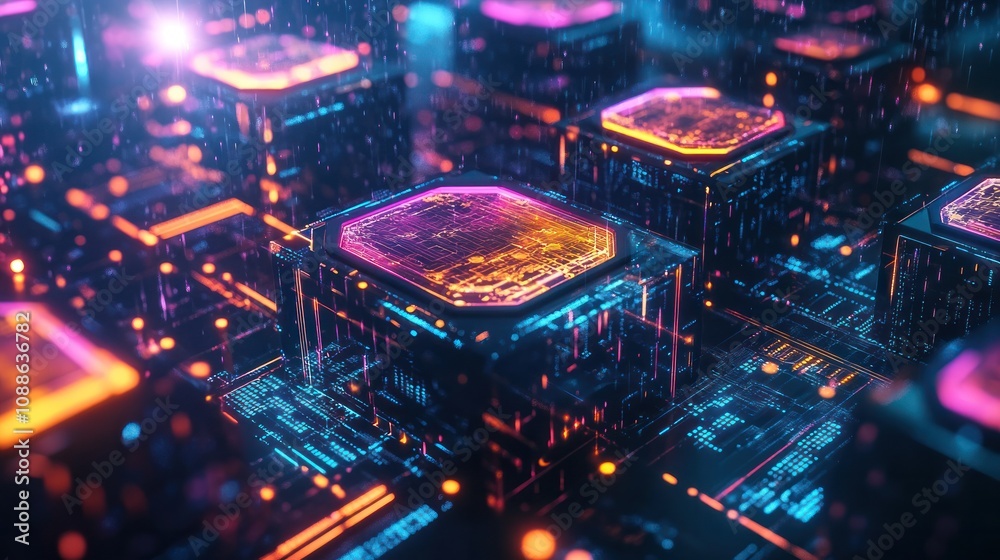 Poster blockchain system, featuring a series of hexagonal blocks interconnected by glowing lines. the block