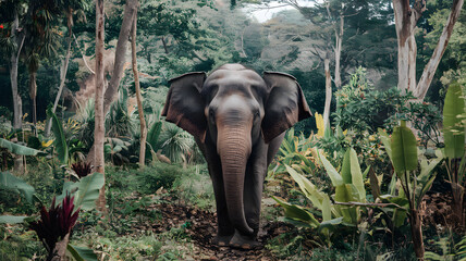 Fototapeta premium Huge elephant walking in the jungle, surrounded by exotic plants and trees. 