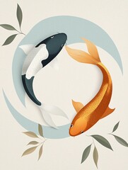 Dynamic Koi Fish Swimming in Harmony Tranquil Waters Digital Art Serene Environment Artistic Perspective Balance Concept