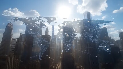 Digital map of the world with icons representing networking connection background